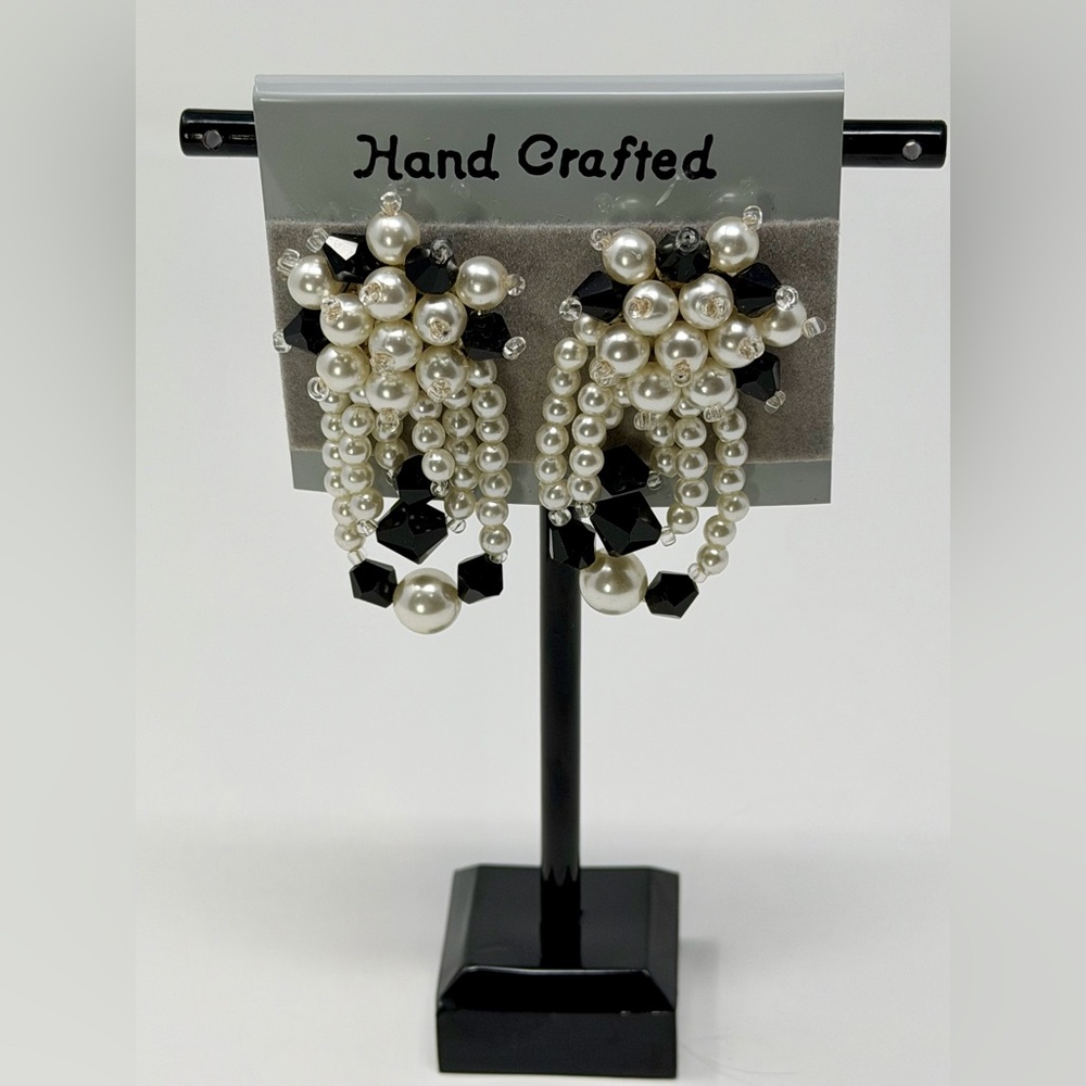 Hand Crafted Pearl and Black Beaded Fashion Earrings